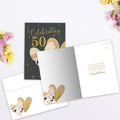 Load image into Gallery viewer, The inside of Tree-Free’s Golden Celebration card, with the cover and envelope in the background.