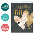 Load image into Gallery viewer, The cover of Tree-Free’s Golden Celebration card with lines demonstrating its 5x7 dimensions, along with the following text: “100% PCW recycled paper, proudly made in the USA, sustainably printed on extra-thick card stock”