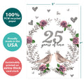Load image into Gallery viewer, The cover of Tree-Free’s 25 Years of Love card with lines demonstrating its 5x7 dimensions, along with the following text: “100% PCW recycled paper, proudly made in the USA, sustainably printed on extra-thick card stock”