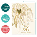 Load image into Gallery viewer, The cover of Tree-Free’s Golden Hearts Tree card with lines demonstrating its 5x7 dimensions, along with the following text: “100% PCW recycled paper, proudly made in the USA, sustainably printed on extra-thick card stock”