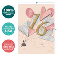 Load image into Gallery viewer, The cover of Tree-Free’s 16 with Love card with lines demonstrating its 5x7 dimensions, along with the following text: “100% PCW recycled paper, proudly made in the USA, sustainably printed on extra-thick card stock”