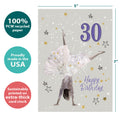 Load image into Gallery viewer, The cover of Tree-Free’s Exuberant 30 card with lines demonstrating its 5x7 dimensions, along with the following text: “100% PCW recycled paper, proudly made in the USA, sustainably printed on extra-thick card stock”