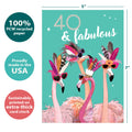 Load image into Gallery viewer, The cover of Tree-Free’s 40 and Fabulous card with lines demonstrating its 5x7 dimensions, along with the following text: “100% PCW recycled paper, proudly made in the USA, sustainably printed on extra-thick card stock”