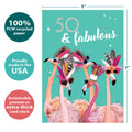 Load image into Gallery viewer, The cover of Tree-Free’s 50 and Fabulous card with lines demonstrating its 5x7 dimensions, along with the following text: “100% PCW recycled paper, proudly made in the USA, sustainably printed on extra-thick card stock”