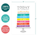 Load image into Gallery viewer, The cover of Tree-Free’s Celebrating 100 card with lines demonstrating its 5x7 dimensions, along with the following text: “100% PCW recycled paper, proudly made in the USA, sustainably printed on extra-thick card stock”