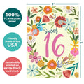 Load image into Gallery viewer, The cover of Tree-Free’s Sweet 16 card with lines demonstrating its 5x7 dimensions, along with the following text: “100% PCW recycled paper, proudly made in the USA, sustainably printed on extra-thick card stock”