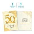 Load image into Gallery viewer, The cover and inside of Tree-Free’s 50 Golden Years card, along with the following text: “1 greeting card, 1 matching envelope”