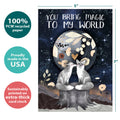 Load image into Gallery viewer, The cover of Tree-Free’s You Bring Magic card with lines demonstrating its 5x7 dimensions, along with the following text: “100% PCW recycled paper, proudly made in the USA, sustainably printed on extra-thick card stock”
