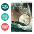 Load image into Gallery viewer, The cover of Tree-Free’s Moon Child card with lines demonstrating its 5x7 dimensions, along with the following text: “100% PCW recycled paper, proudly made in the USA, sustainably printed on extra-thick card stock”