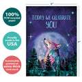 Load image into Gallery viewer, The cover of Tree-Free’s Celebrate Today card with lines demonstrating its 5x7 dimensions, along with the following text: “100% PCW recycled paper, proudly made in the USA, sustainably printed on extra-thick card stock”
