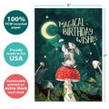 Load image into Gallery viewer, The cover of Tree-Free’s Magical Wishes card with lines demonstrating its 5x7 dimensions, along with the following text: “100% PCW recycled paper, proudly made in the USA, sustainably printed on extra-thick card stock”