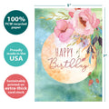 Load image into Gallery viewer, The cover of Tree-Free’s Joy and Possibility card with lines demonstrating its 5x7 dimensions, along with the following text: “100% PCW recycled paper, proudly made in the USA, sustainably printed on extra-thick card stock”