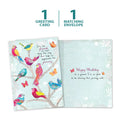 Load image into Gallery viewer, The cover and inside of Tree-Free’s Bird Day Wishes card, along with the following text: “1 greeting card, 1 matching envelope”