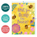 Load image into Gallery viewer, The cover of Tree-Free’s Honey Bee Day card with lines demonstrating its 5x7 dimensions, along with the following text: “100% PCW recycled paper, proudly made in the USA, sustainably printed on extra-thick card stock”