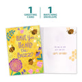 Load image into Gallery viewer, The cover and inside of Tree-Free’s Honey Bee Day card, along with the following text: “1 greeting card, 1 matching envelope”