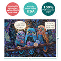 Load image into Gallery viewer, The cover of Tree-Free’s Owl Wishes card with lines demonstrating its 5x7 dimensions, along with the following text: “100% PCW recycled paper, proudly made in the USA, sustainably printed on extra-thick card stock”