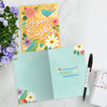 Load image into Gallery viewer, The inside of Tree-Free’s Bright and Beautiful card, with the cover and envelope in the background.