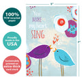 Load image into Gallery viewer, The cover of Tree-Free’s Singing Hearts card with lines demonstrating its 5x7 dimensions, along with the following text: “100% PCW recycled paper, proudly made in the USA, sustainably printed on extra-thick card stock”