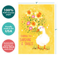Load image into Gallery viewer, The cover of Tree-Free’s Sunshine and Smiles card with lines demonstrating its 5x7 dimensions, along with the following text: “100% PCW recycled paper, proudly made in the USA, sustainably printed on extra-thick card stock”