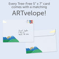 Load image into Gallery viewer, The envelope for Tree-Free’s Next Leg 50 card, along with the following text: “Every Tree-Free 5x7 card comes with a matching ARTvelope!”