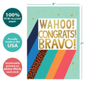 Load image into Gallery viewer, The cover of Tree-Free’s Bravo Congrats card with lines demonstrating its 5x7 dimensions, along with the following text: “100% PCW recycled paper, proudly made in the USA, sustainably printed on extra-thick card stock”
