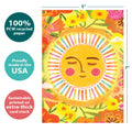 Load image into Gallery viewer, The cover of Tree-Free’s Grateful Sun card with lines demonstrating its 5x7 dimensions, along with the following text: “100% PCW recycled paper, proudly made in the USA, sustainably printed on extra-thick card stock”