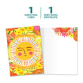 Load image into Gallery viewer, The cover and inside of Tree-Free’s Grateful Sun card, along with the following text: “1 greeting card, 1 matching envelope”