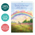Load image into Gallery viewer, The cover of Tree-Free’s Sweet Dog Rainbow card with lines demonstrating its 5x7 dimensions, along with the following text: “100% PCW recycled paper, proudly made in the USA, sustainably printed on extra-thick card stock”
