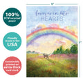 Load image into Gallery viewer, The cover of Tree-Free’s Sweet Cat Rainbow card with lines demonstrating its 5x7 dimensions, along with the following text: “100% PCW recycled paper, proudly made in the USA, sustainably printed on extra-thick card stock”