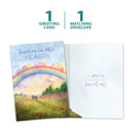 Load image into Gallery viewer, The cover and inside of Tree-Free’s Sweet Cat Rainbow card, along with the following text: “1 greeting card, 1 matching envelope”