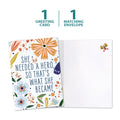 Load image into Gallery viewer, The cover and inside of Tree-Free’s What She Became card, along with the following text: “1 greeting card, 1 matching envelope”