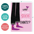 Load image into Gallery viewer, The cover of Tree-Free’s Socks and Pants card with lines demonstrating its 5x7 dimensions, along with the following text: “100% PCW recycled paper, proudly made in the USA, sustainably printed on extra-thick card stock”