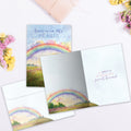 Load image into Gallery viewer, The inside of Tree-Free’s Rainbow Bridge card, with the cover and envelope in the background.