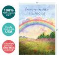 Load image into Gallery viewer, The cover of Tree-Free’s Rainbow Bridge card with lines demonstrating its 5x7 dimensions, along with the following text: “100% PCW recycled paper, proudly made in the USA, sustainably printed on extra-thick card stock”