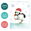Load image into Gallery viewer, The cover of Tree-Free’s Puffin Dance card with lines demonstrating its 5x7 dimensions, along with the following text: “100% PCW recycled paper, proudly made in the USA, sustainably printed on extra-thick card stock”