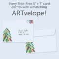 Load image into Gallery viewer, The envelope for Tree-Free’s Navidenas Tree card, along with the following text: “Every Tree-Free 5x7 card comes with a matching ARTvelope!”