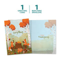 Load image into Gallery viewer, The cover and inside of Tree-Free’s Grateful Foxes card, along with the following text: “1 greeting card, 1 matching envelope”