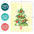 Load image into Gallery viewer, The cover of Tree-Free’s Navidad Tree card with lines demonstrating its 5x7 dimensions, along with the following text: “100% PCW recycled paper, proudly made in the USA, sustainably printed on extra-thick card stock”