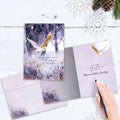 Load image into Gallery viewer, The inside of Tree-Free’s Owl Calmness card, with the cover and envelope in the background.