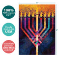Load image into Gallery viewer, The cover of Tree-Free’s Menorah Glow card with lines demonstrating its 5x7 dimensions, along with the following text: “100% PCW recycled paper, proudly made in the USA, sustainably printed on extra-thick card stock”