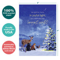 Load image into Gallery viewer, The cover of Tree-Free’s Joyful Winter card with lines demonstrating its 5x7 dimensions, along with the following text: “100% PCW recycled paper, proudly made in the USA, sustainably printed on extra-thick card stock”