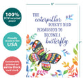 Load image into Gallery viewer, The cover of Tree-Free’s Butterfly Permission card with lines demonstrating its 5x7 dimensions, along with the following text: “100% PCW recycled paper, proudly made in the USA, sustainably printed on extra-thick card stock”