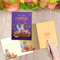 Load image into Gallery viewer, The inside of Tree-Free’s Pumpkin Birds card, with the cover and envelope in the background.