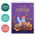 Load image into Gallery viewer, The cover of Tree-Free’s Pumpkin Birds card with lines demonstrating its 5x7 dimensions, along with the following text: “100% PCW recycled paper, proudly made in the USA, sustainably printed on extra-thick card stock”