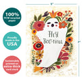 Load image into Gallery viewer, The cover of Tree-Free’s Bootiful Ghost card with lines demonstrating its 5x7 dimensions, along with the following text: “100% PCW recycled paper, proudly made in the USA, sustainably printed on extra-thick card stock”