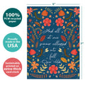 Load image into Gallery viewer, The cover of Tree-Free’s Floral Fall card with lines demonstrating its 5x7 dimensions, along with the following text: “100% PCW recycled paper, proudly made in the USA, sustainably printed on extra-thick card stock”