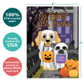 Load image into Gallery viewer, The cover of Tree-Free’s Spooky Pets card with lines demonstrating its 5x7 dimensions, along with the following text: “100% PCW recycled paper, proudly made in the USA, sustainably printed on extra-thick card stock”