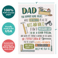Load image into Gallery viewer, The cover of Tree-Free’s Dad's Tools Birthday card with lines demonstrating its 5x7 dimensions, along with the following text: “100% PCW recycled paper, proudly made in the USA, sustainably printed on extra-thick card stock”