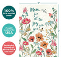 Load image into Gallery viewer, The cover of Tree-Free’s Joy You Give Mom card with lines demonstrating its 5x7 dimensions, along with the following text: “100% PCW recycled paper, proudly made in the USA, sustainably printed on extra-thick card stock”