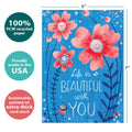 Load image into Gallery viewer, The cover of Tree-Free’s Beautiful With You Wife card with lines demonstrating its 5x7 dimensions, along with the following text: “100% PCW recycled paper, proudly made in the USA, sustainably printed on extra-thick card stock”